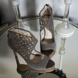 BCBG Cut-Out Peeptoe Booties Suede